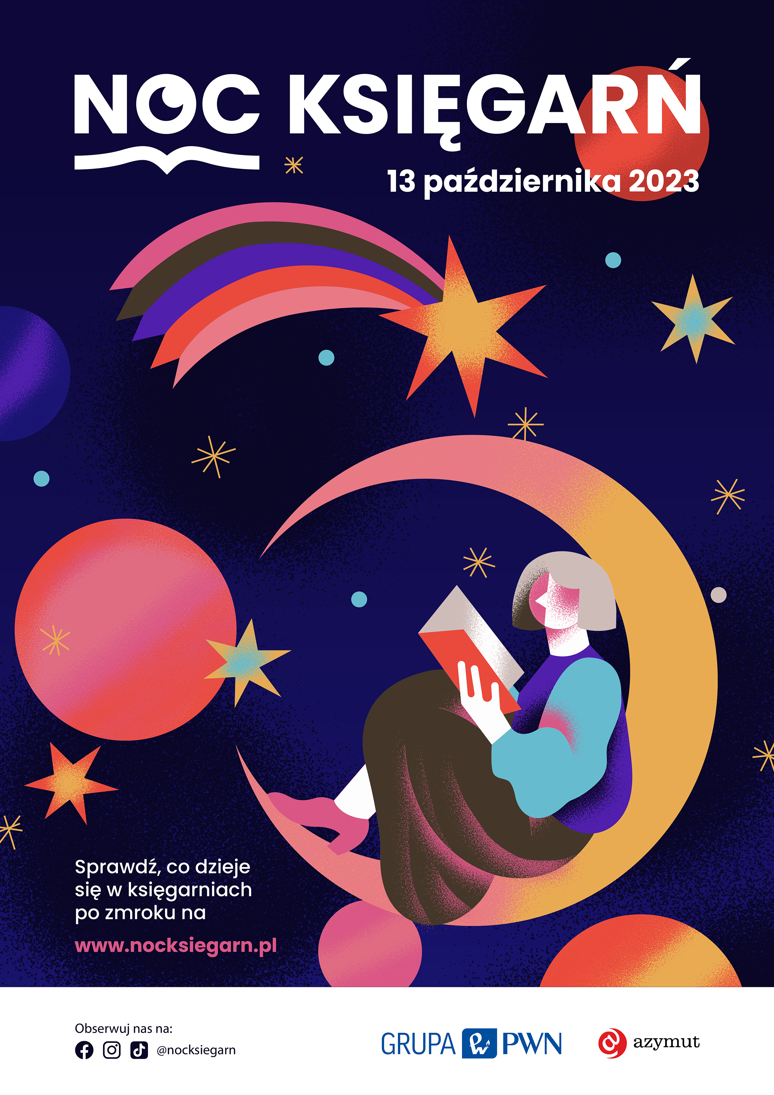 Kobieta czyta książkę na księżycu - plakat Nocy Księgarń 2023.